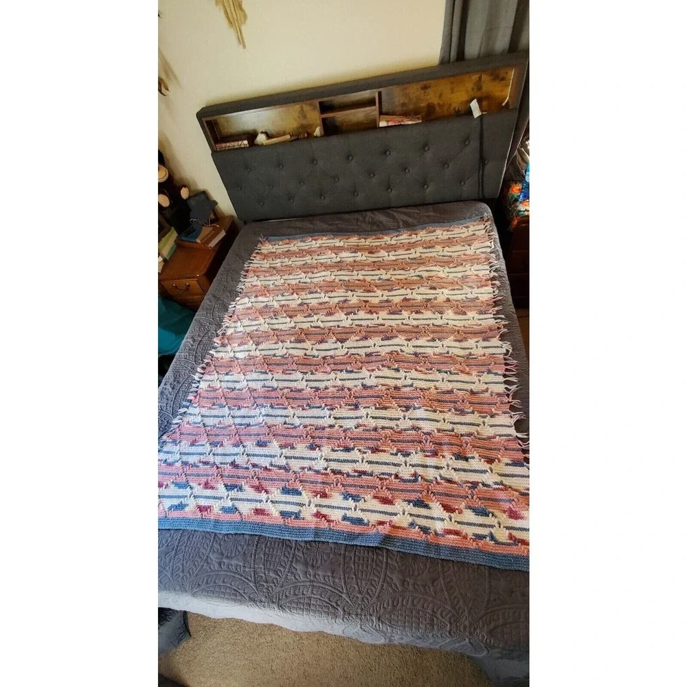Crocheted Afghan Blanket Throw Handmade 63x48 Inches Granny Cottage Core